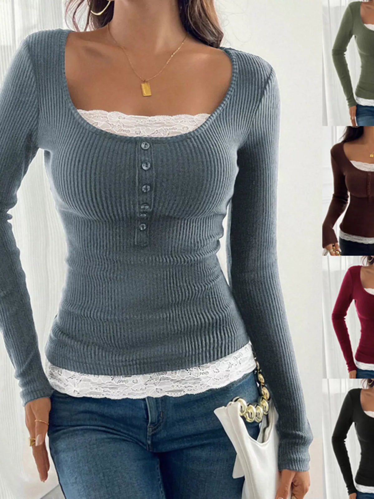Lace Detail Long Sleeve Ribbed Top