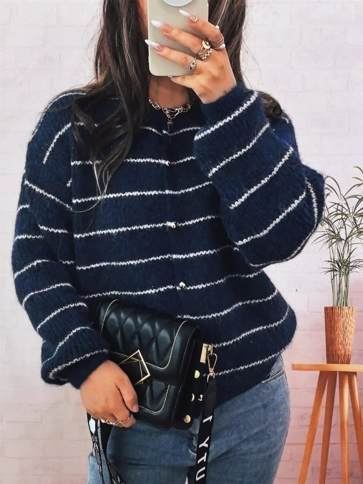 Striped Button Up Long Sleeve Cardigan